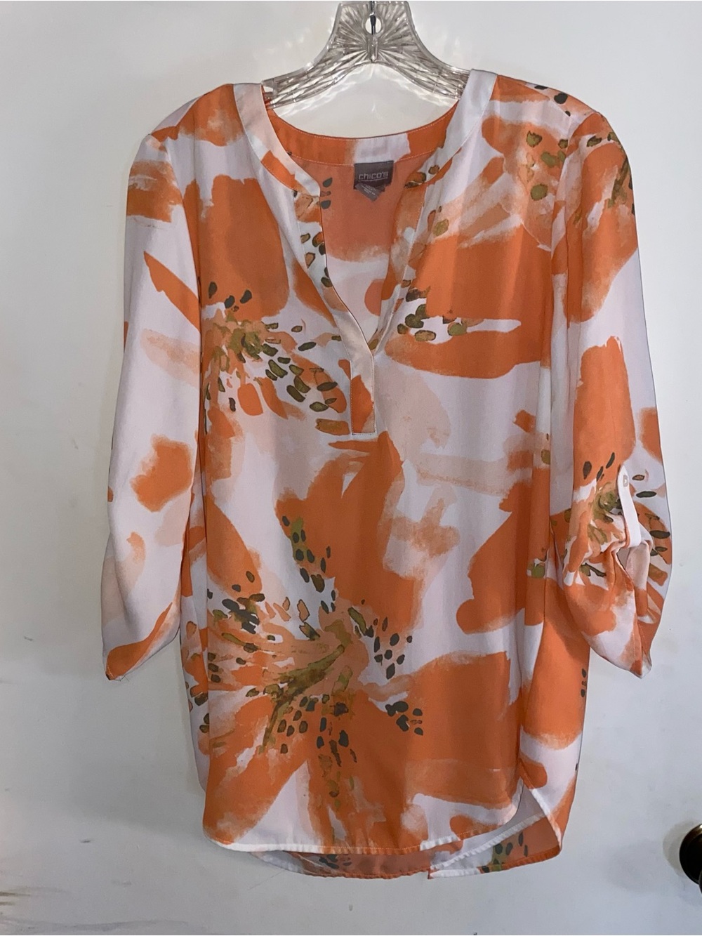 Chico's Women’s Double Layer Sheer Chiffon Blouse Abstract 3/4 Sleeve Size 0 (S)